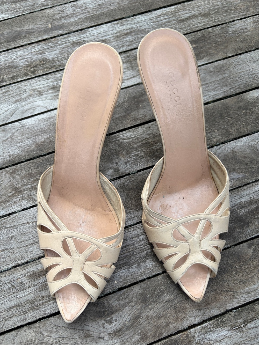 Gucci Women's Cream Leather Open-Toe Slide Heels